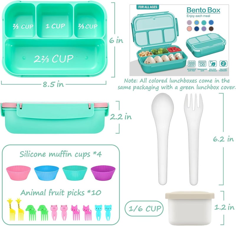 QQKO Bento Box for Kids Adults, School Toddler Lunch Box for Boys Girls, Lunch Box Containers with 4 Compartments, Sauce Container, Utensils, Food Picks and Muffin Cups for School, Pink Green - Image 2